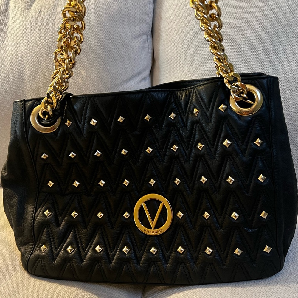 Valentino Black and Gold Studded Shoulder Bag